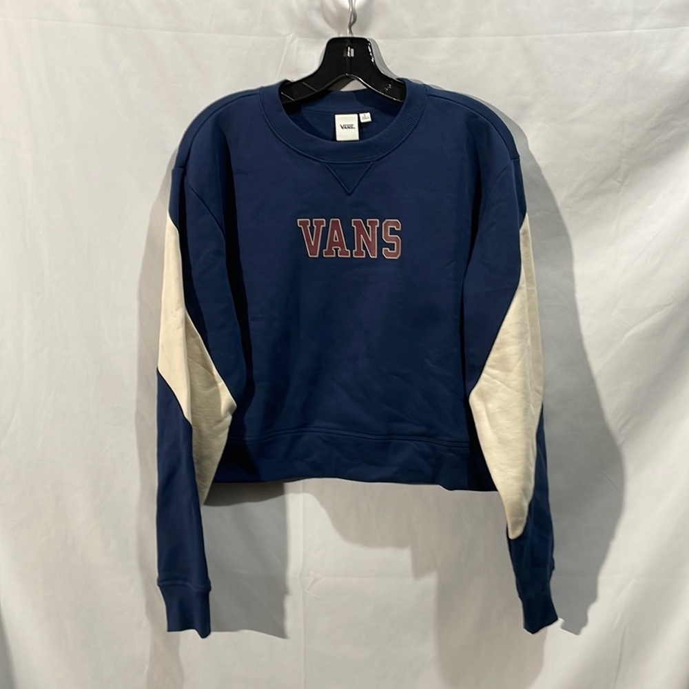 Vans woman’s long sleeves crew cropped sweatshirt blue off white spelled outlogo